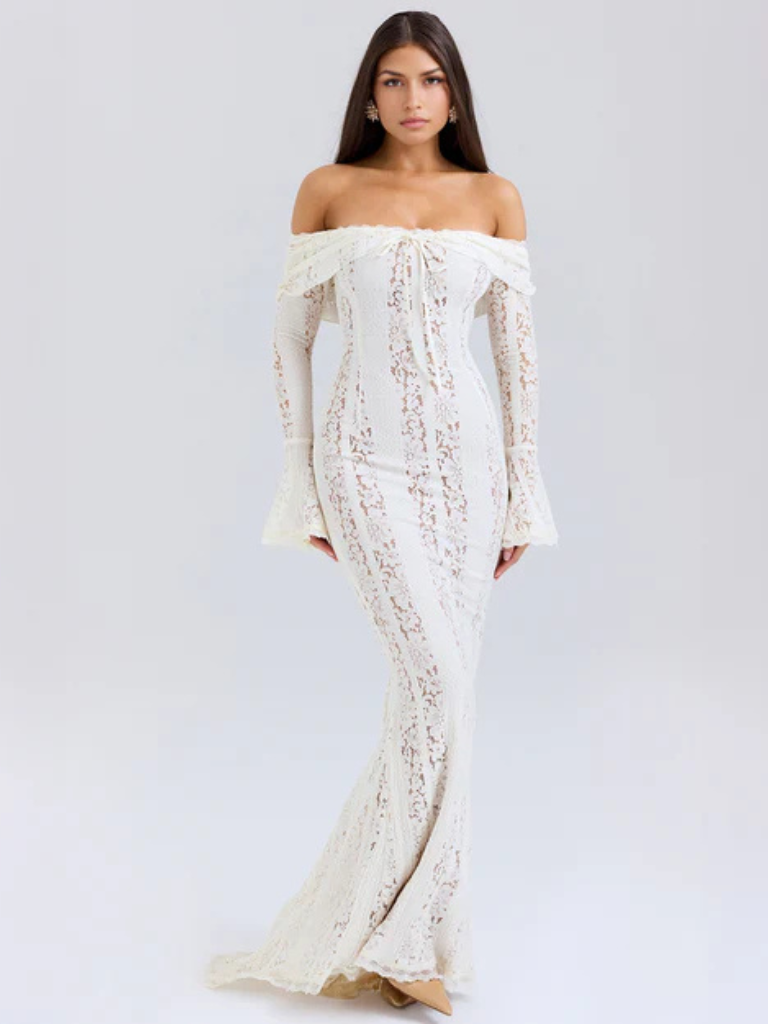 Women's Off-Shoulder Lace Flowing Silhouette Maxi Dress ¨C Elegant Long Sleeve Occasion Gown