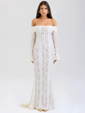 Women's Off-Shoulder Lace Flowing Silhouette Maxi Dress ¨C Elegant Long Sleeve Occasion Gown
