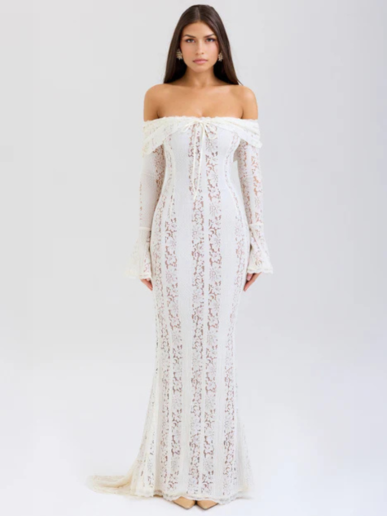 Women's Off-Shoulder Lace Flowing Silhouette Maxi Dress ¨C Elegant Long Sleeve Occasion Gown