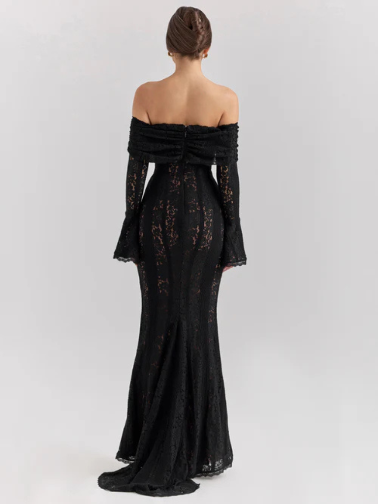 Women's Off-Shoulder Lace Flowing Silhouette Maxi Dress ¨C Elegant Long Sleeve Occasion Gown