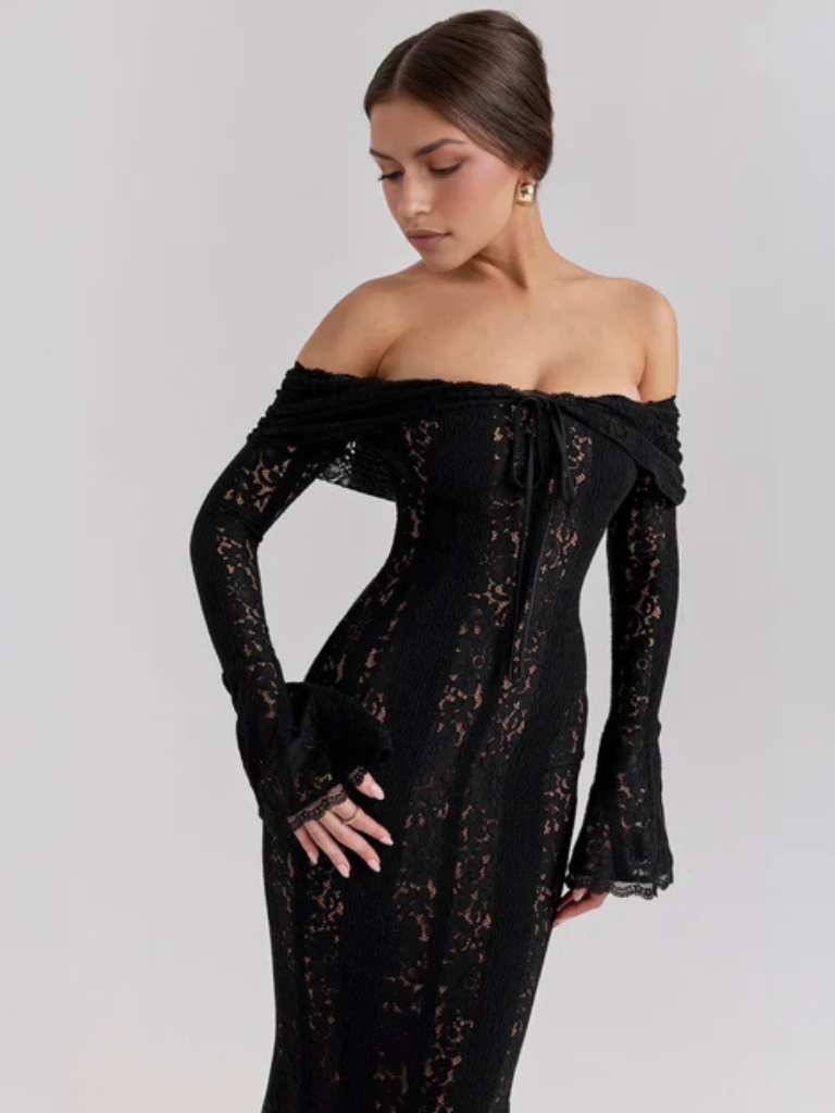 Women's Off-Shoulder Lace Flowing Silhouette Maxi Dress ¨C Elegant Long Sleeve Occasion Gown