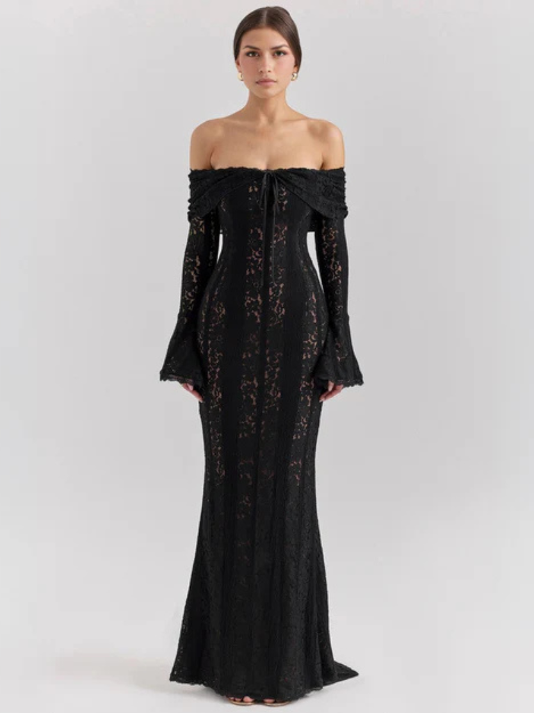 Women's Off-Shoulder Lace Flowing Silhouette Maxi Dress ¨C Elegant Long Sleeve Occasion Gown