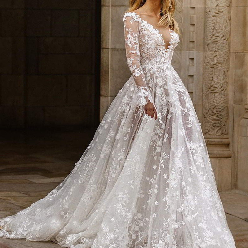 Women's Elegant Deep V-Neck Wedding Dress With Floral Lace Appliqu¨¦s ¨C Romantic Bridal Gown