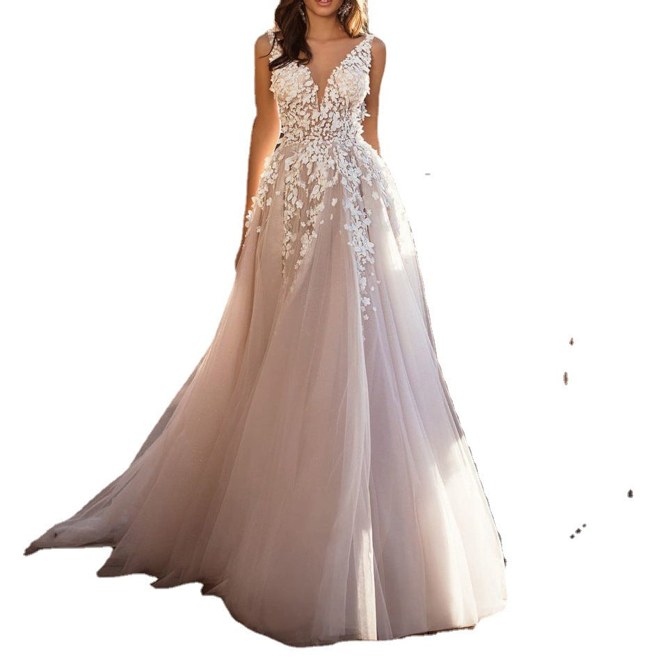 Women's Graceful V-Neck Floral Detail Wedding Dress ¨C Romantic Bridal Gown