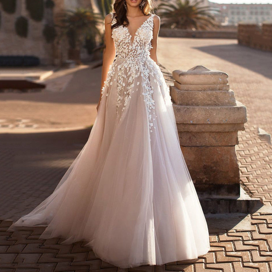Women's Graceful V-Neck Floral Detail Wedding Dress ¨C Romantic Bridal Gown