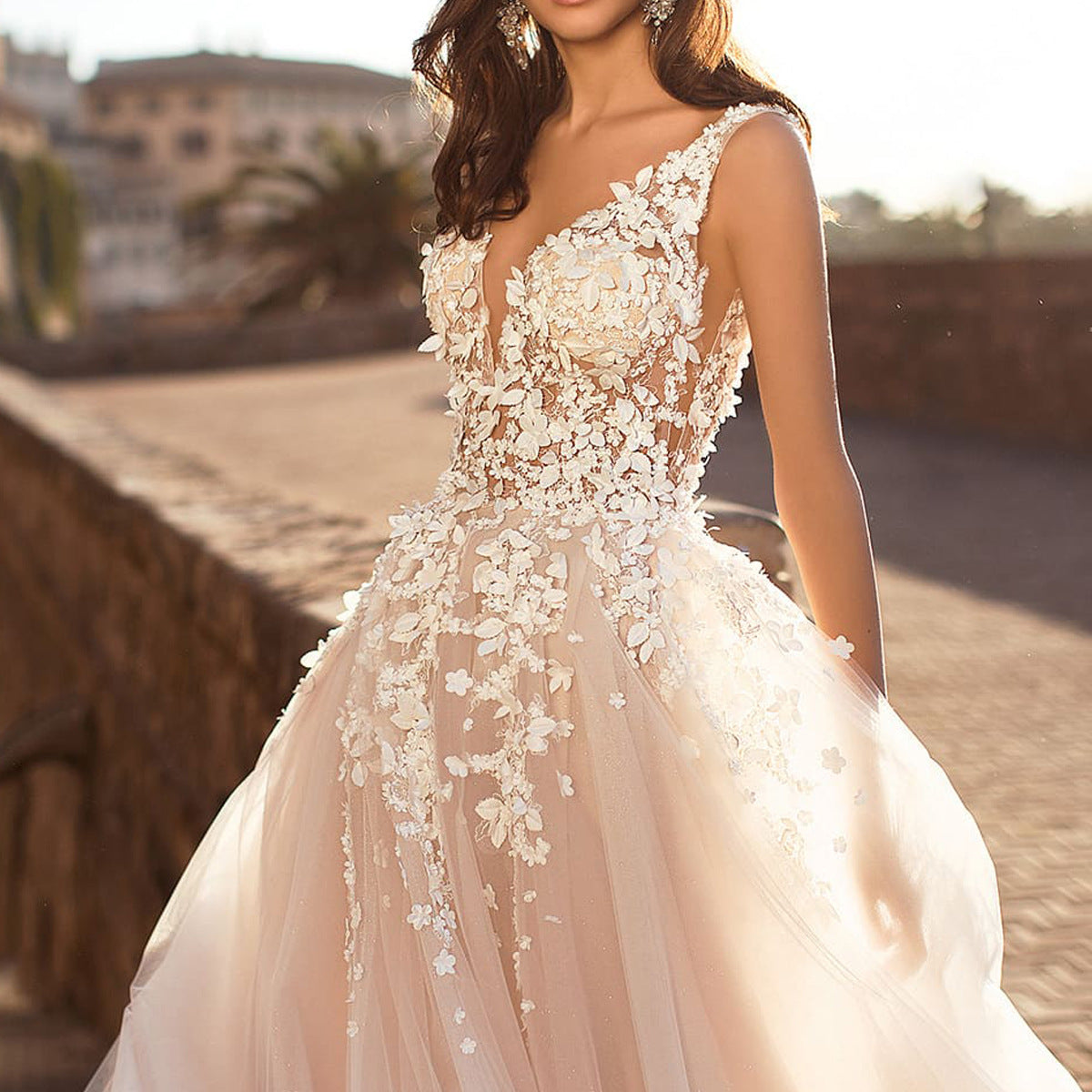 Women's Graceful V-Neck Floral Detail Wedding Dress ¨C Romantic Bridal Gown