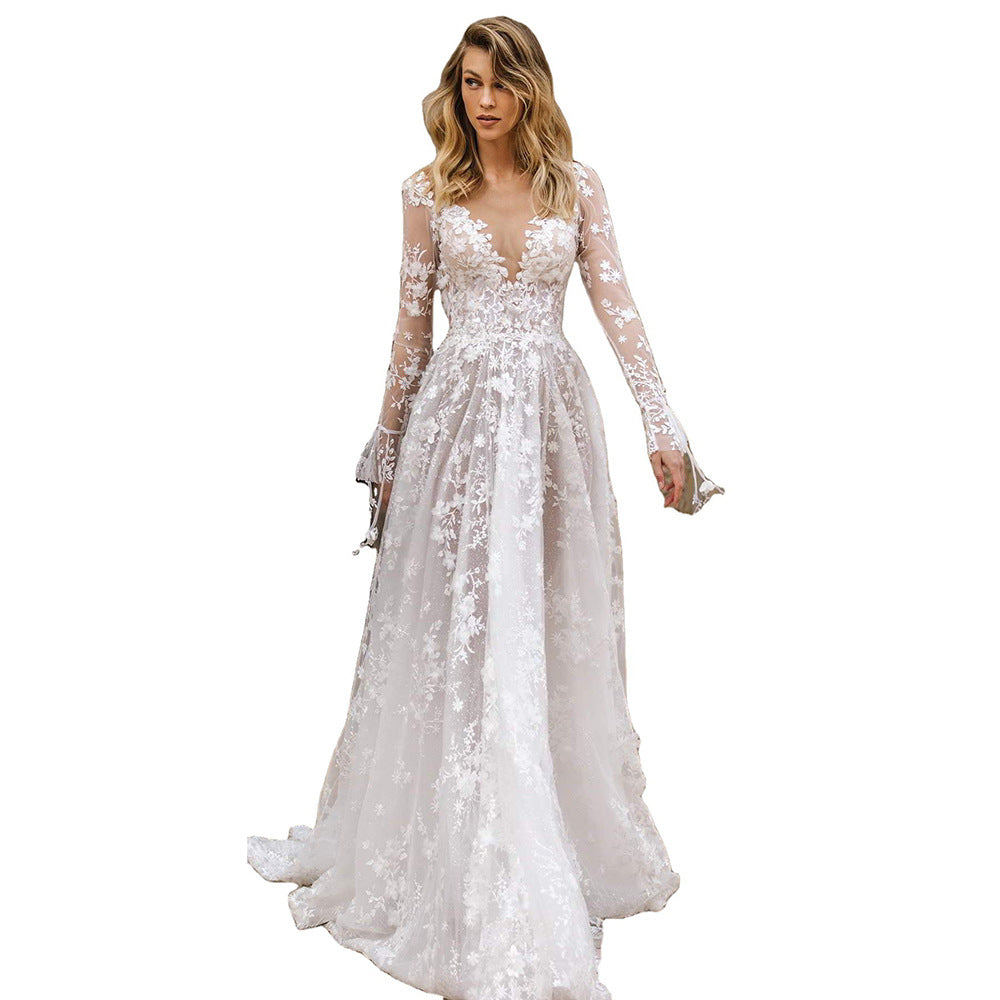 Women's Elegant Deep V-Neck Wedding Dress With Floral Lace Appliqu¨¦s ¨C Romantic Bridal Gown