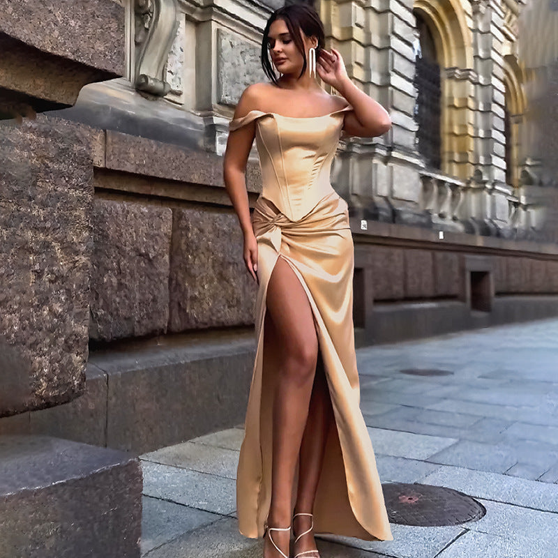 Women's Gold-Toned Off-The-Shoulder Corset Satin Evening Gown ¨C Luxury Formal Dress