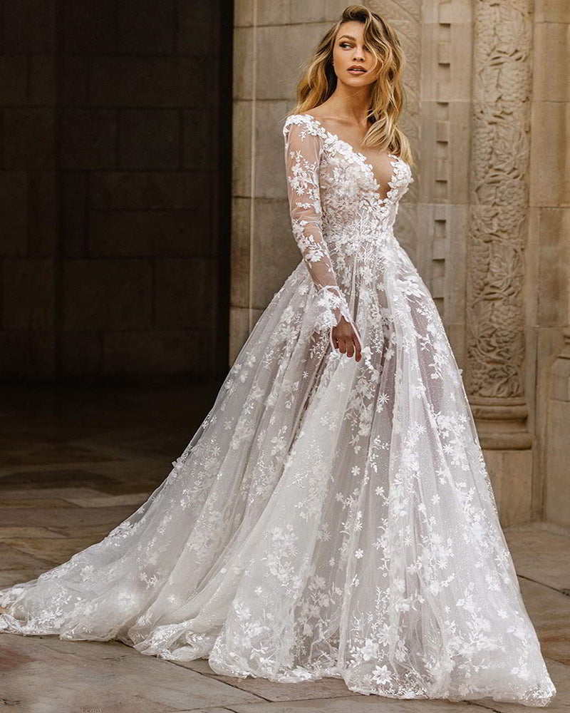 Women's Elegant Deep V-Neck Wedding Dress With Floral Lace Appliqu¨¦s ¨C Romantic Bridal Gown