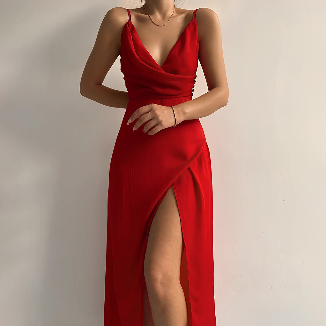 Women's Low V-Neck Sleeveless Maxi Dress With Front Slit ¨C Elegant Evening Gown