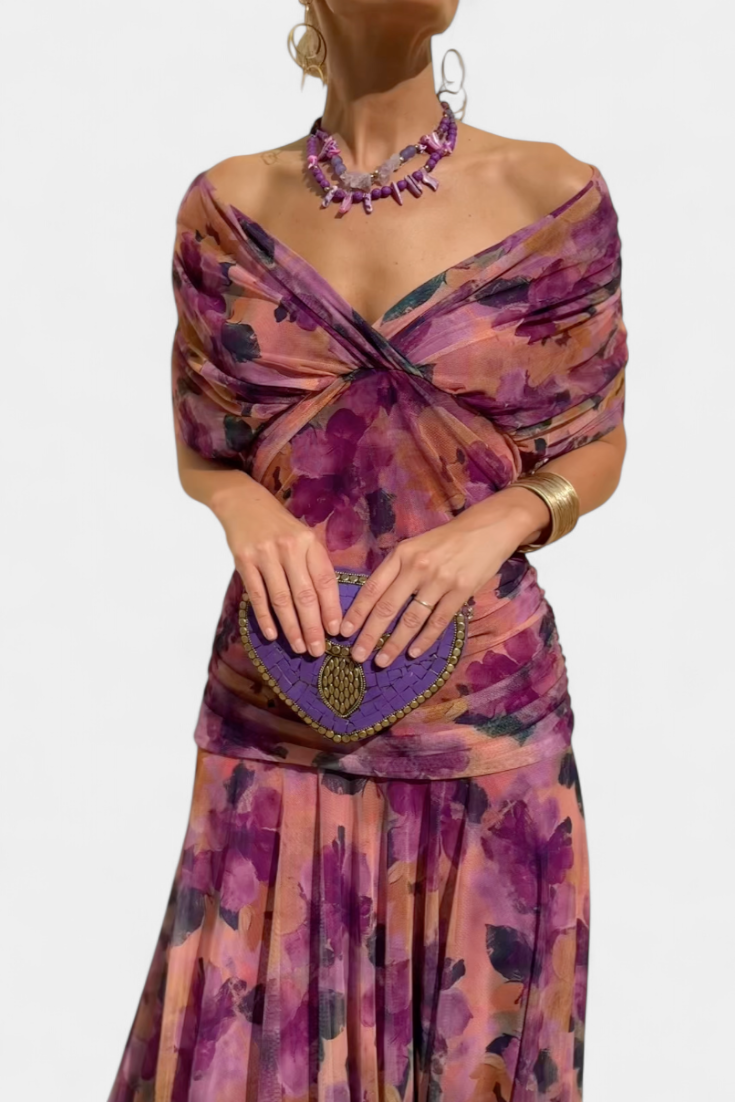 Women's Off-Shoulder Ruched Mesh Dress ¨C Elegant Fitted Cocktail Dress