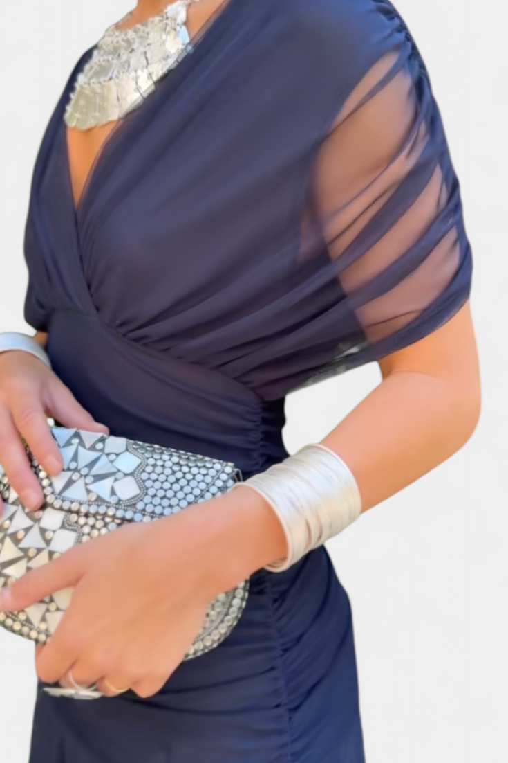 Women's Off-Shoulder Ruched Mesh Dress ¨C Elegant Fitted Cocktail Dress