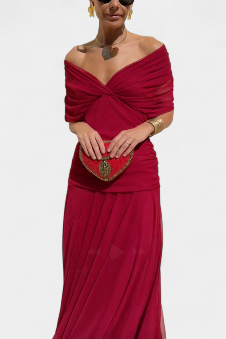 Women's Off-Shoulder Ruched Mesh Dress ¨C Elegant Fitted Cocktail Dress