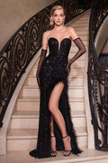 Tanya Gown - Feather Trim Sequin Dress - Black