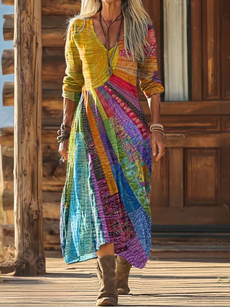 Women's V-Neck Long Sleeve Bohemian Dress ¨C Colorful Relaxed Summer Dress