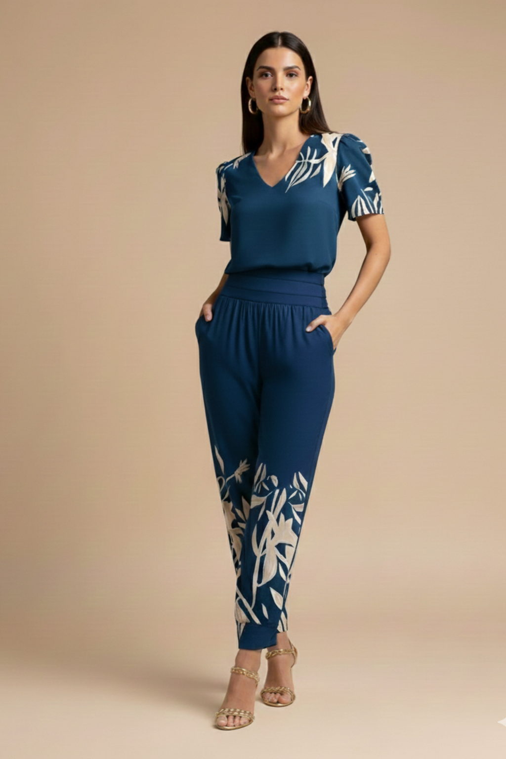Women's Blouse and Trousers Set ¨C V-Neck Short Sleeve Top with Patterned Straight-Leg Trousers for Smart Casual Wear