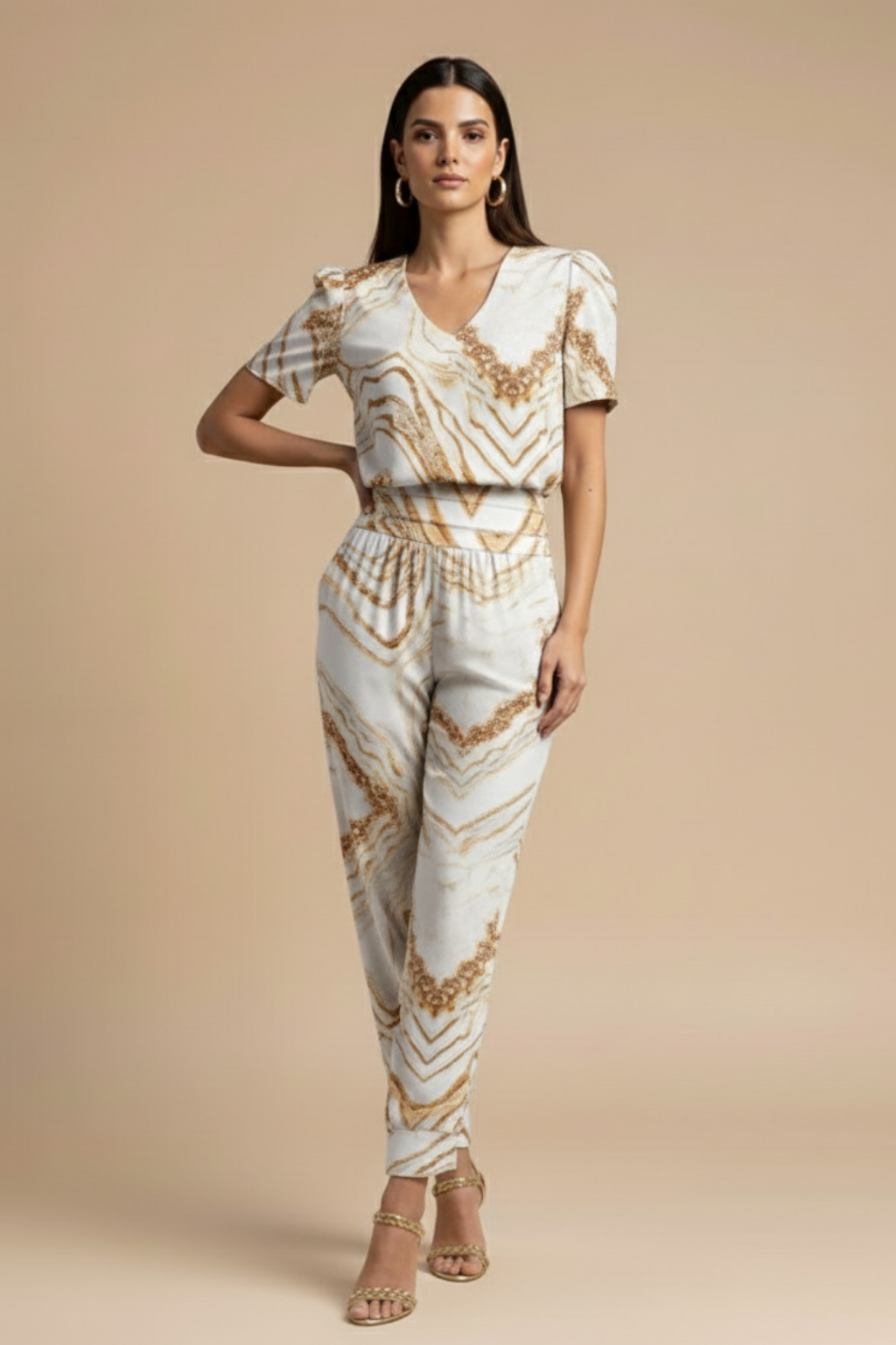 Women's Blouse and Trousers Set ¨C V-Neck Short Sleeve Top with Patterned Straight-Leg Trousers for Smart Casual Wear