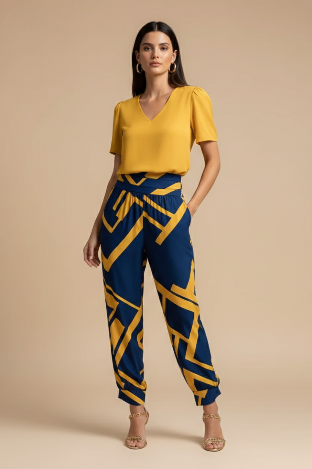 Women's Blouse and Trousers Set ¨C V-Neck Short Sleeve Top with Patterned Straight-Leg Trousers for Smart Casual Wear