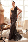 A1392 - ONE SHOULDER FULLY BEADED FLORAL MOTIF GOWN - BLACK/NUDE - Andrea & Leo