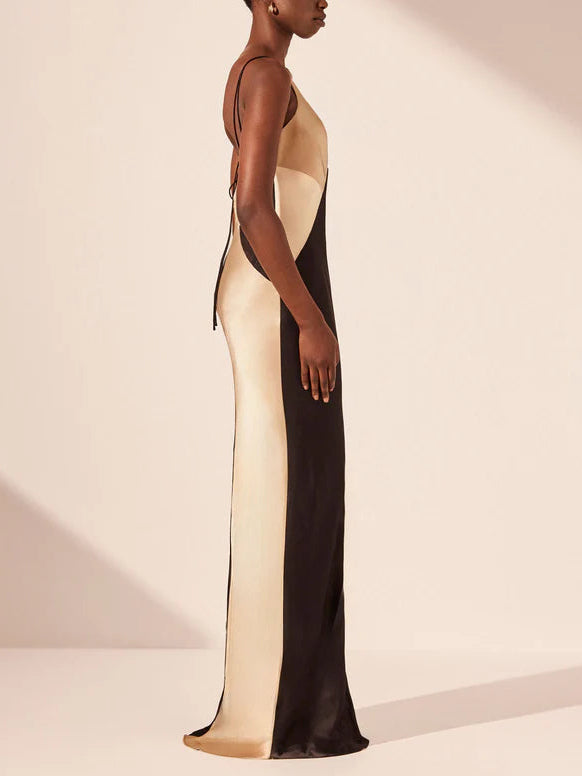 Women's Contrasting Satin V-Neck Double Strap Maxi Dress ¨C Elegant Evening Gown