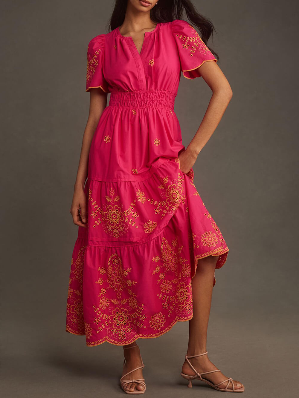Women's Flowing Printed Maxi Dress With Gathered Waist ¨C Elegant Summer Dress