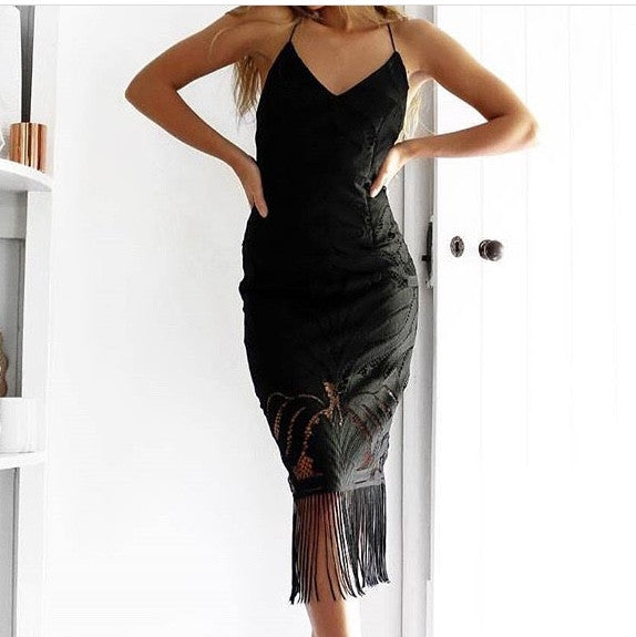 Size 2. Khaleesi Dress - Black - Lace Dress With Fringe - FINAL SALE