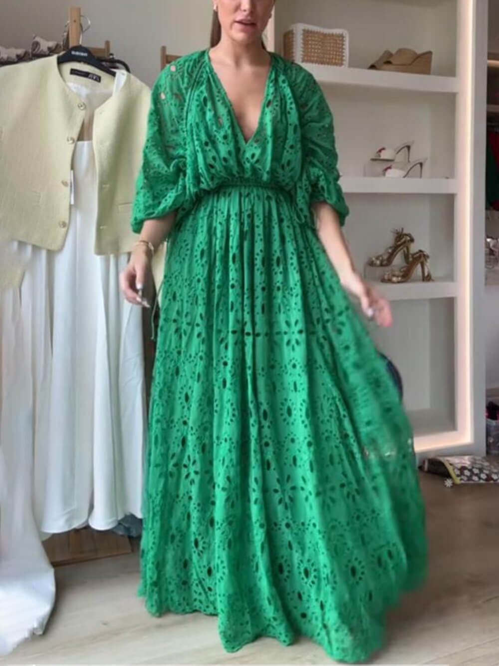 Women's V-Neck Oversize Maxi Lace Dress With Gathered Waist ¨C Elegant Flow Dress