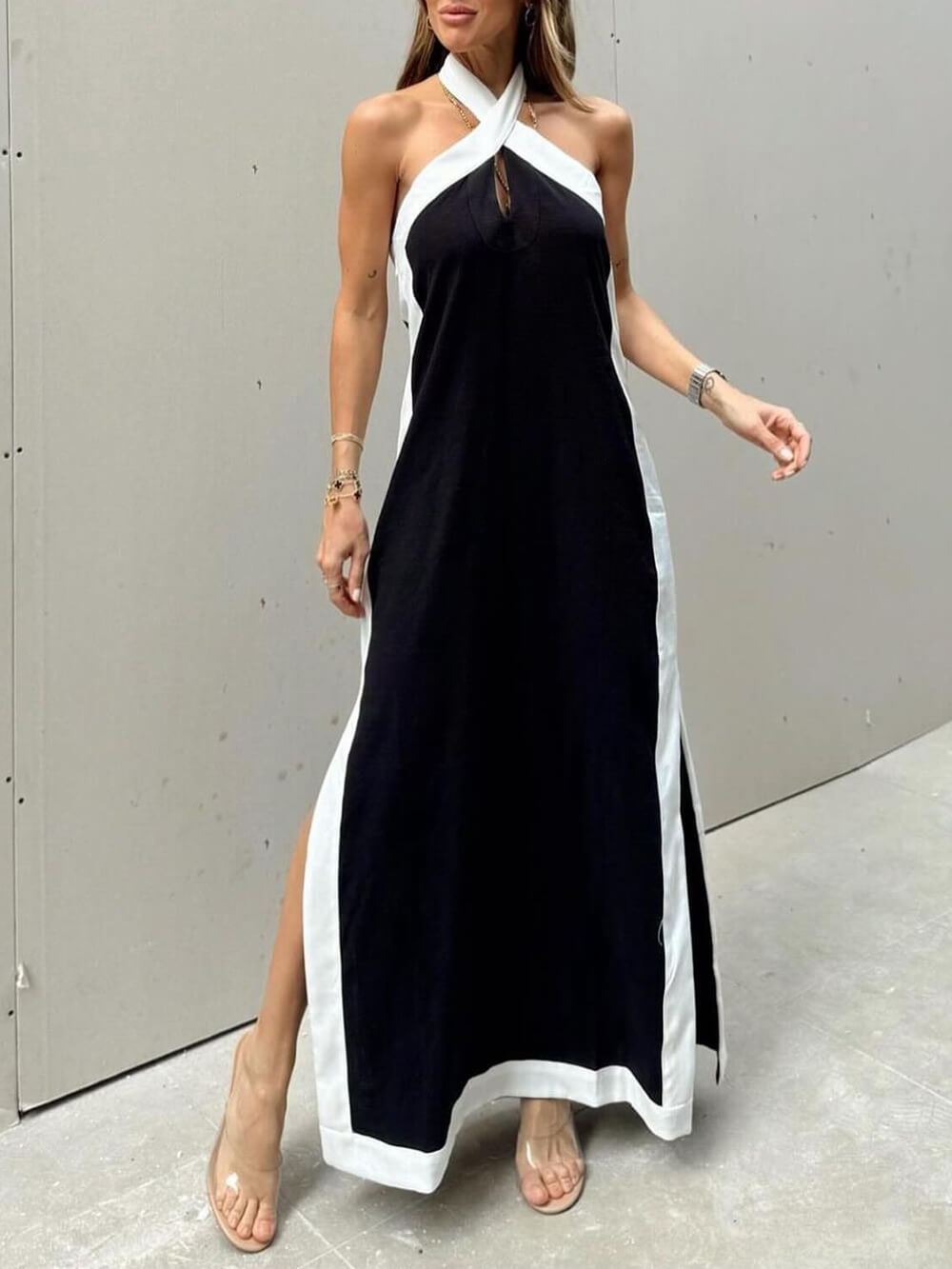 Women's Color Block Halter Neck Maxi Dress With Side Slit ¨C Elegant Dress