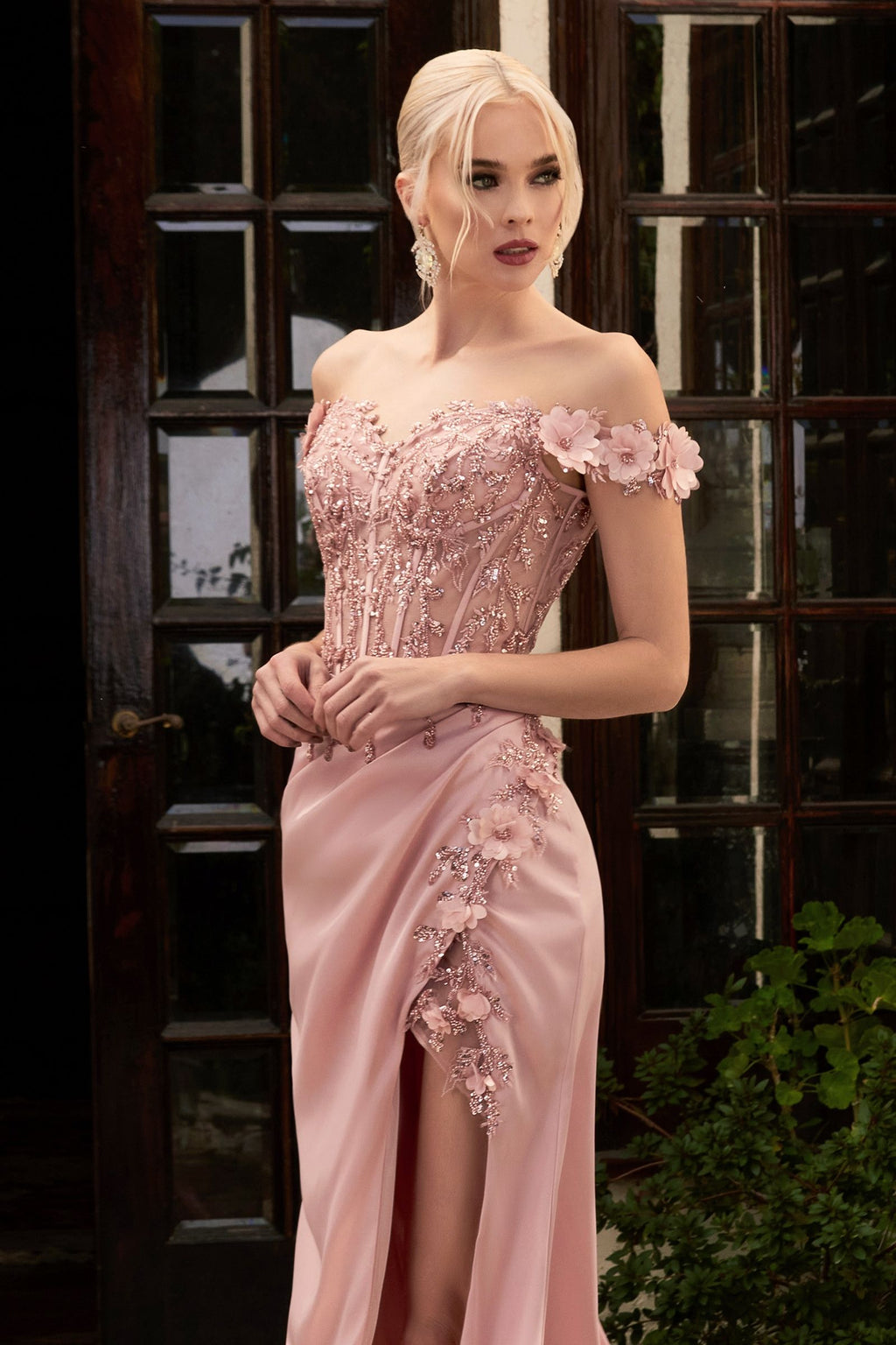 Rosaline Gown - Floral Detail Off-The-Shoulder Dress