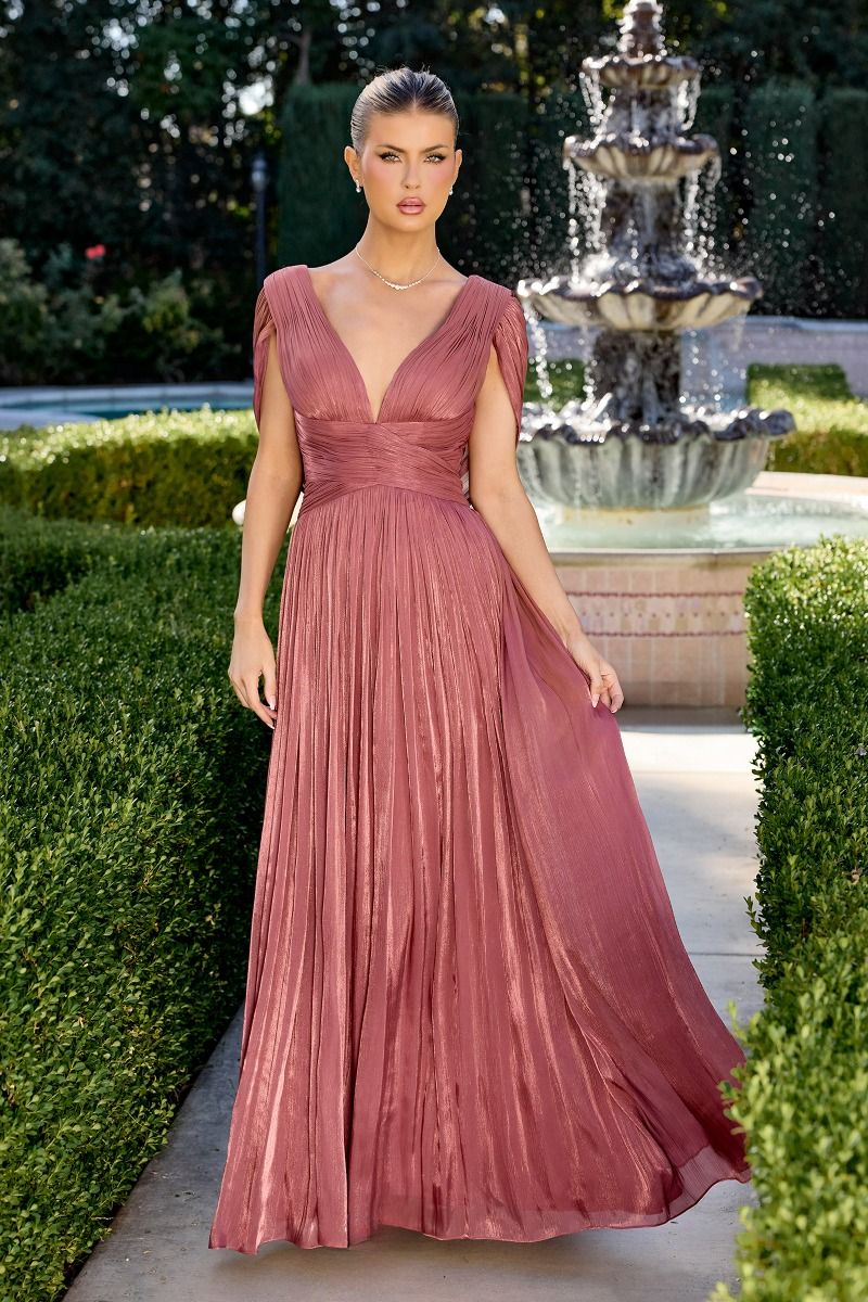 Astrid Gown - Draped Cap Sleeve Shimmer Chiffon Dress