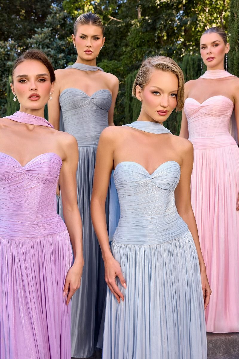 Linnea Gown - Strapless Shimmer Chiffon Dress with Scarf