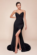 AVA POINTED V-NECKLINE GOWN - STRAPLESS STRETCH SPANDEX SATIN FITTED DRESS