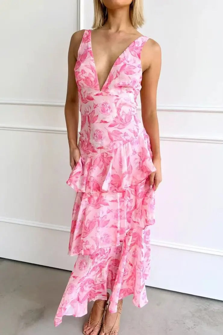 Women's Layered Chiffon Maxi Dress ¨C Sleeveless V-Neck Open Back Gown