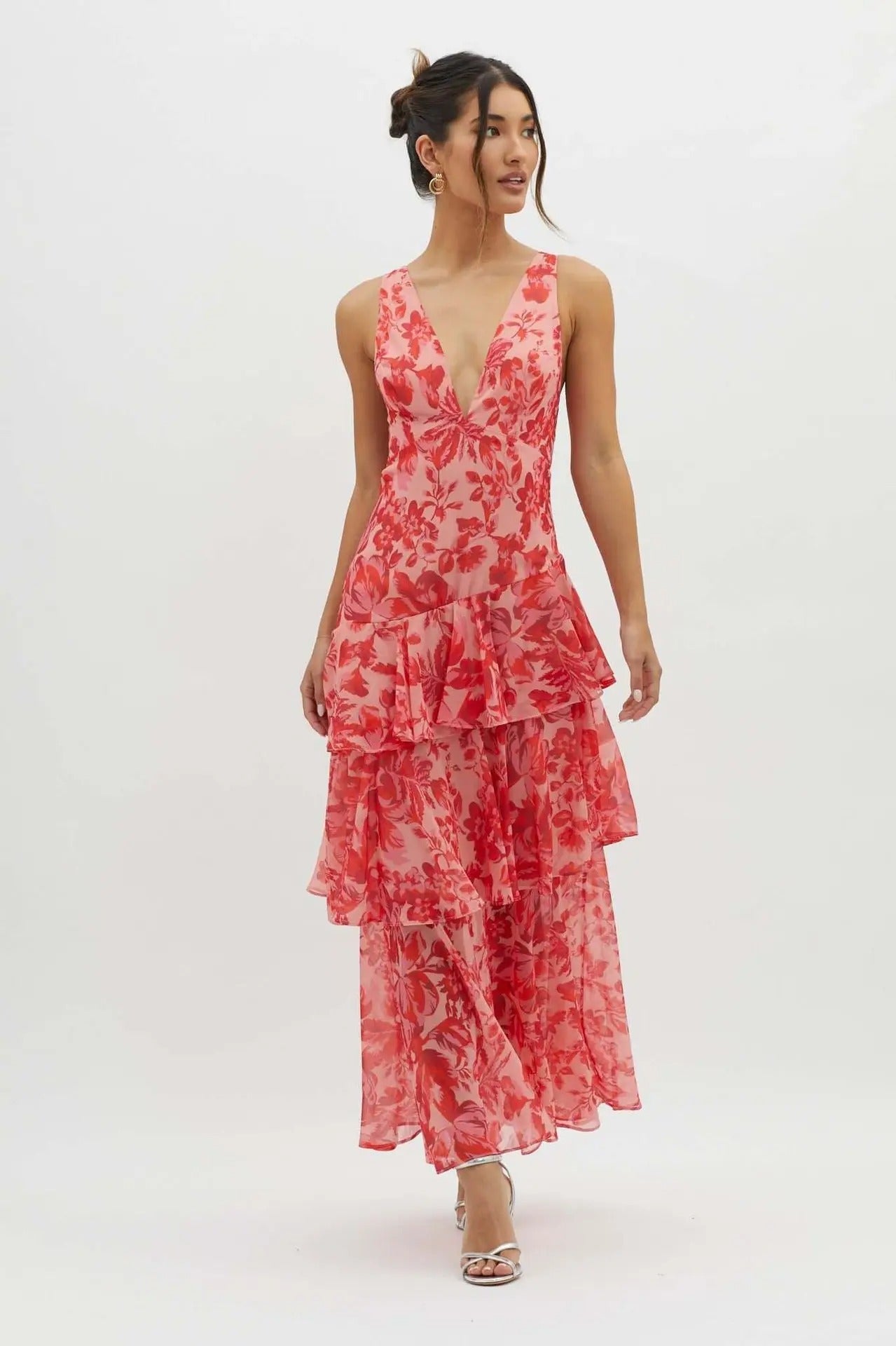 Women's Layered Chiffon Maxi Dress ¨C Sleeveless V-Neck Open Back Gown
