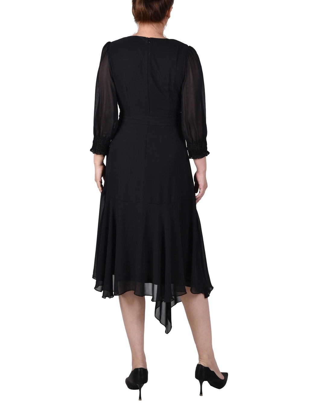 3/4 Length Sleeve Belted Chiffon Handkerchief Hem Dress - Petite