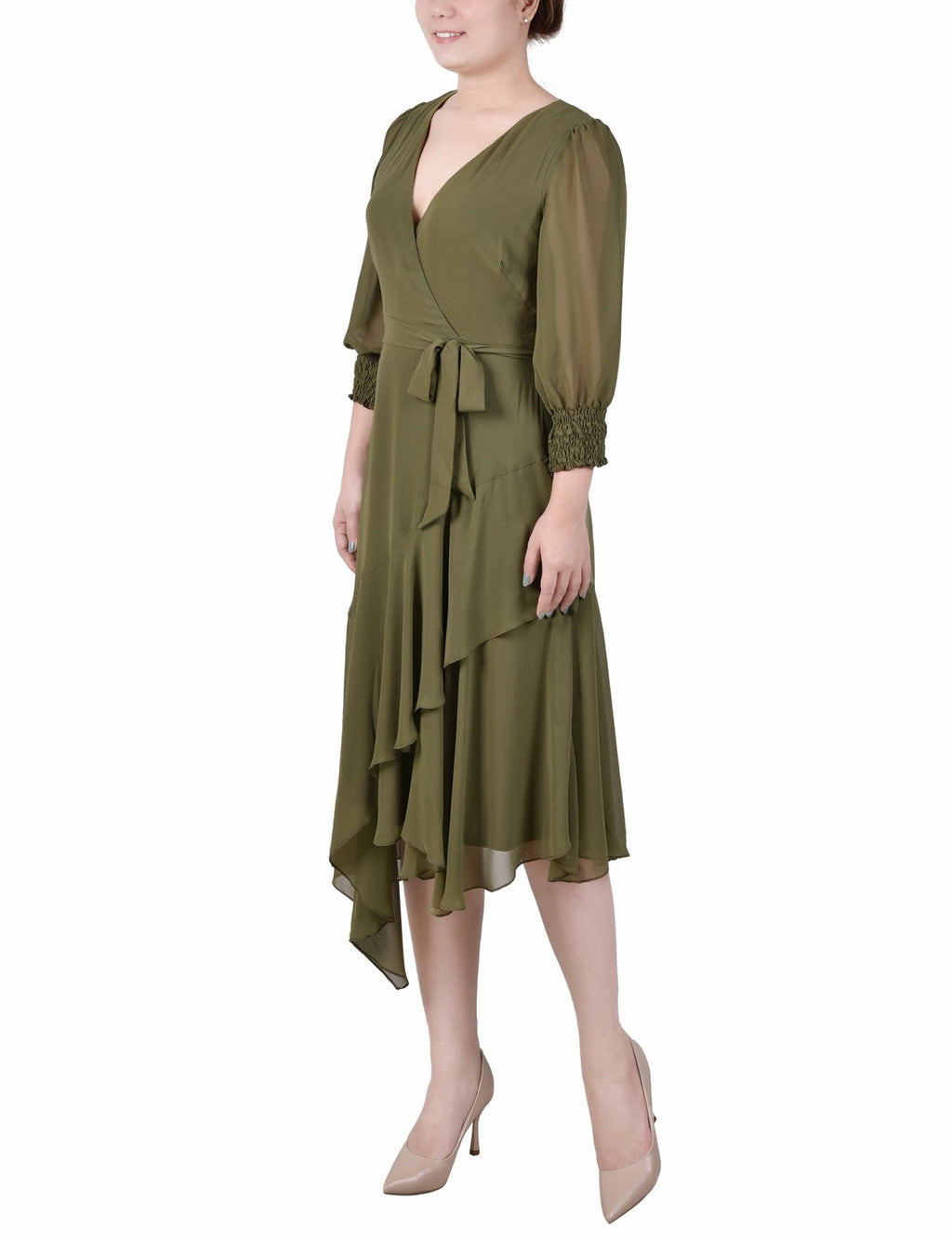 3/4 Length Sleeve Belted Chiffon Handkerchief Hem Dress - Petite