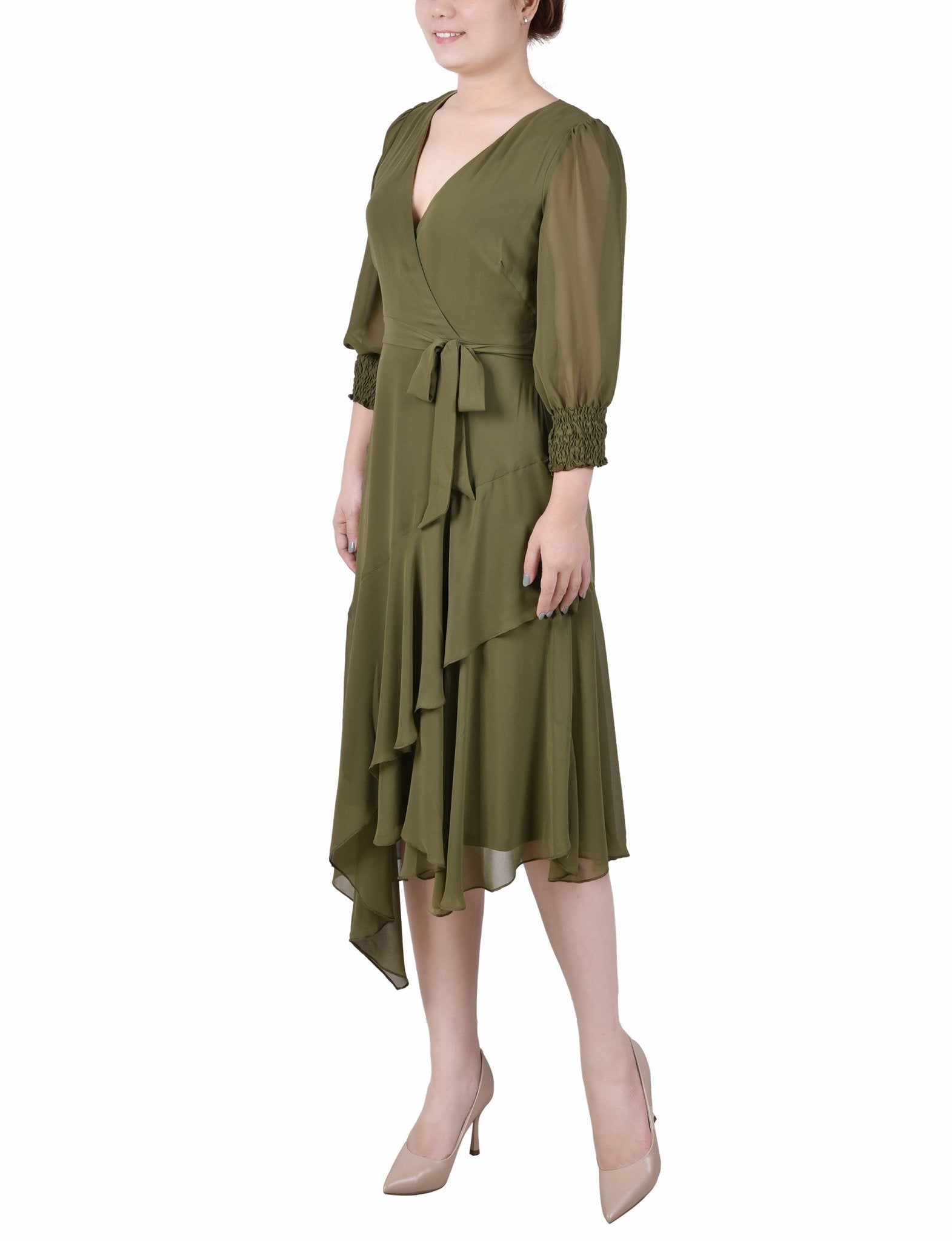 3/4 Length Sleeve Belted Chiffon Handkerchief Hem Dress - Petite