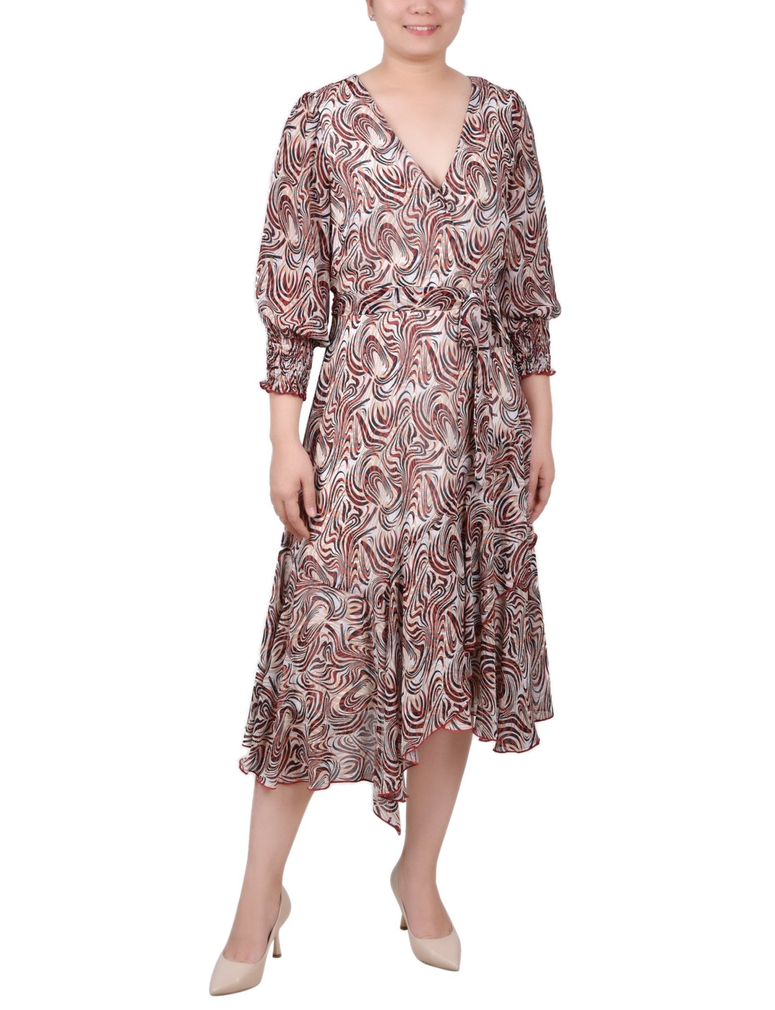 3/4 Length Sleeve Belted Chiffon Handkerchief Hem Dress - Petite