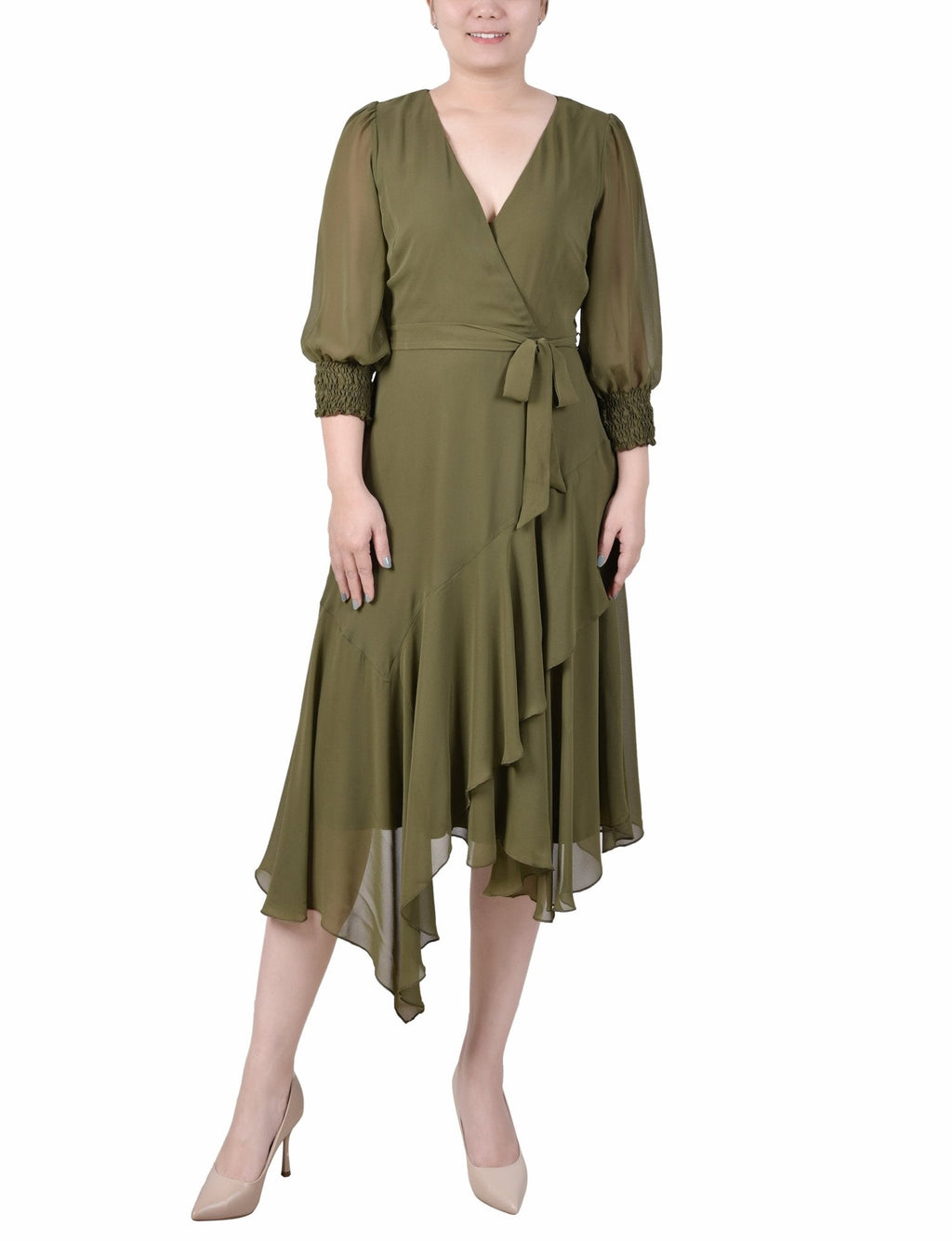 3/4 Length Sleeve Belted Chiffon Handkerchief Hem Dress - Petite