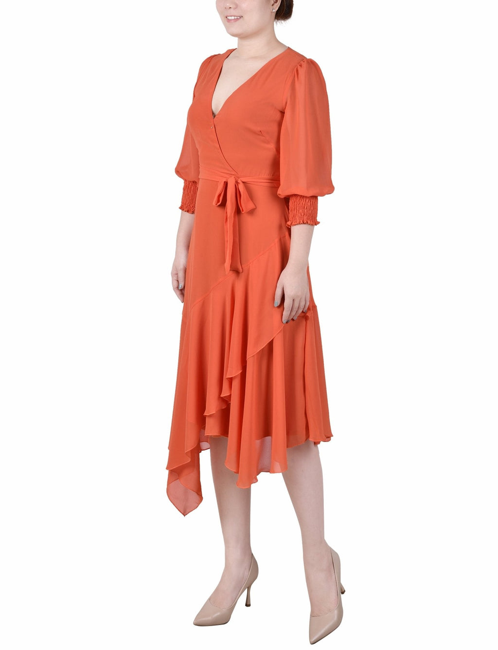 3/4 Length Sleeve Belted Chiffon Handkerchief Hem Dress - Petite