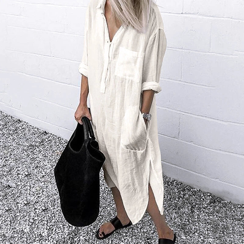 Women's Oversized Long Shirt Dress ¨C Casual Button-Up Dress With Pockets