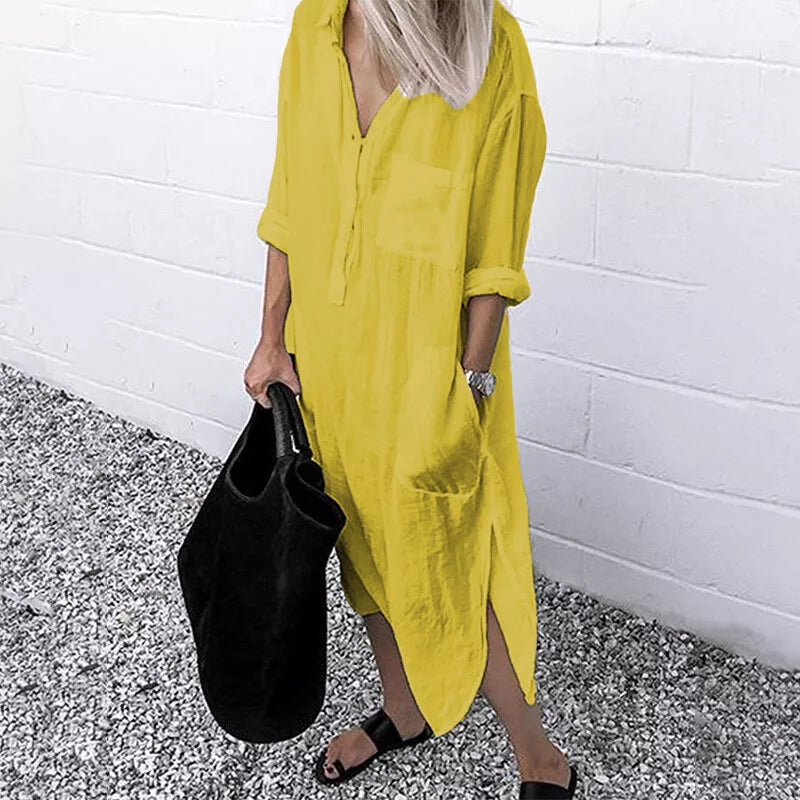 Women's Oversized Long Shirt Dress ¨C Casual Button-Up Dress With Pockets