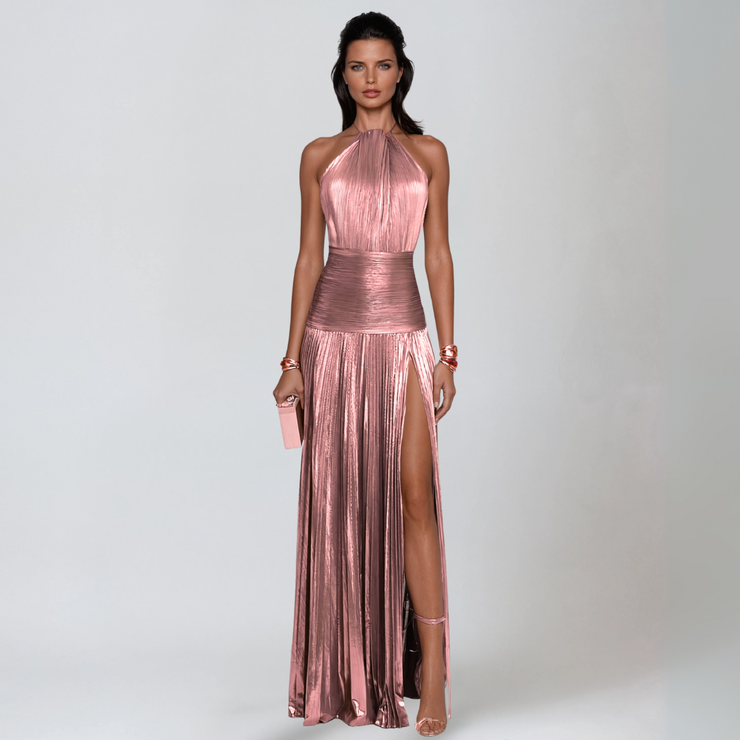 Women's Halter Neck Metallic Maxi Dress - Front Slit Evening Glam