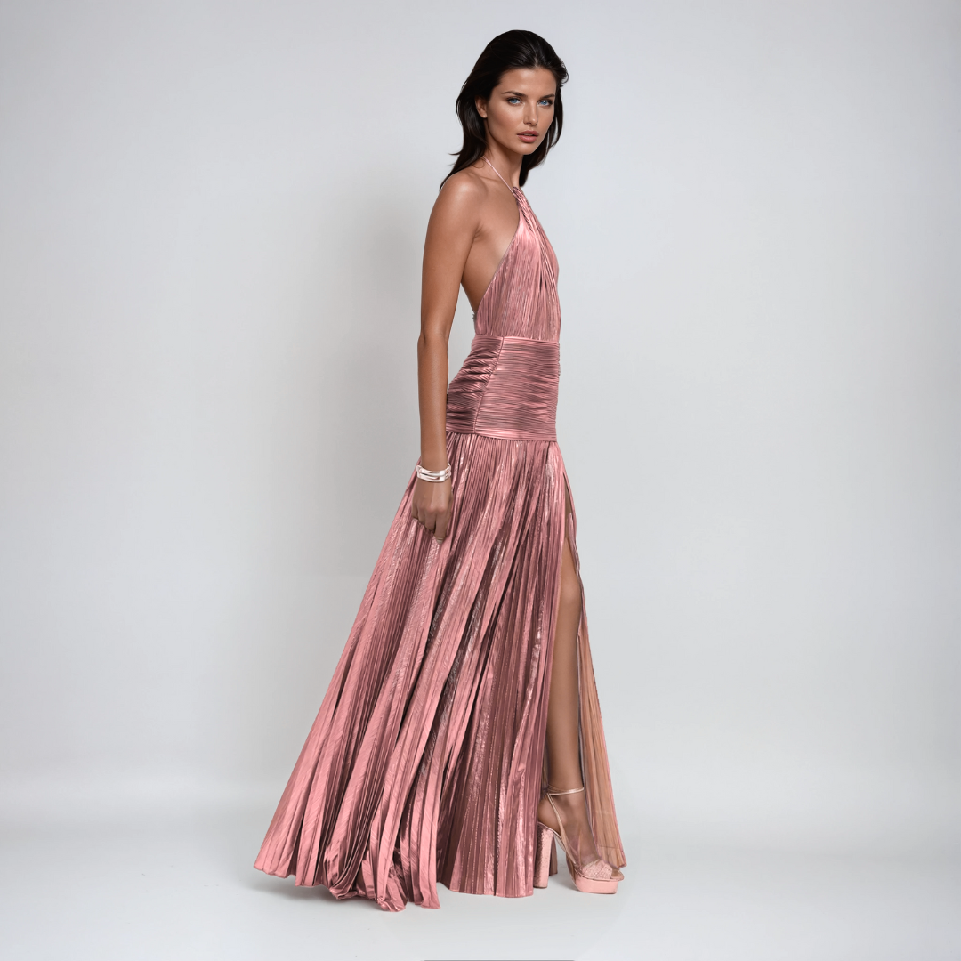 Women's Halter Neck Metallic Maxi Dress - Front Slit Evening Glam