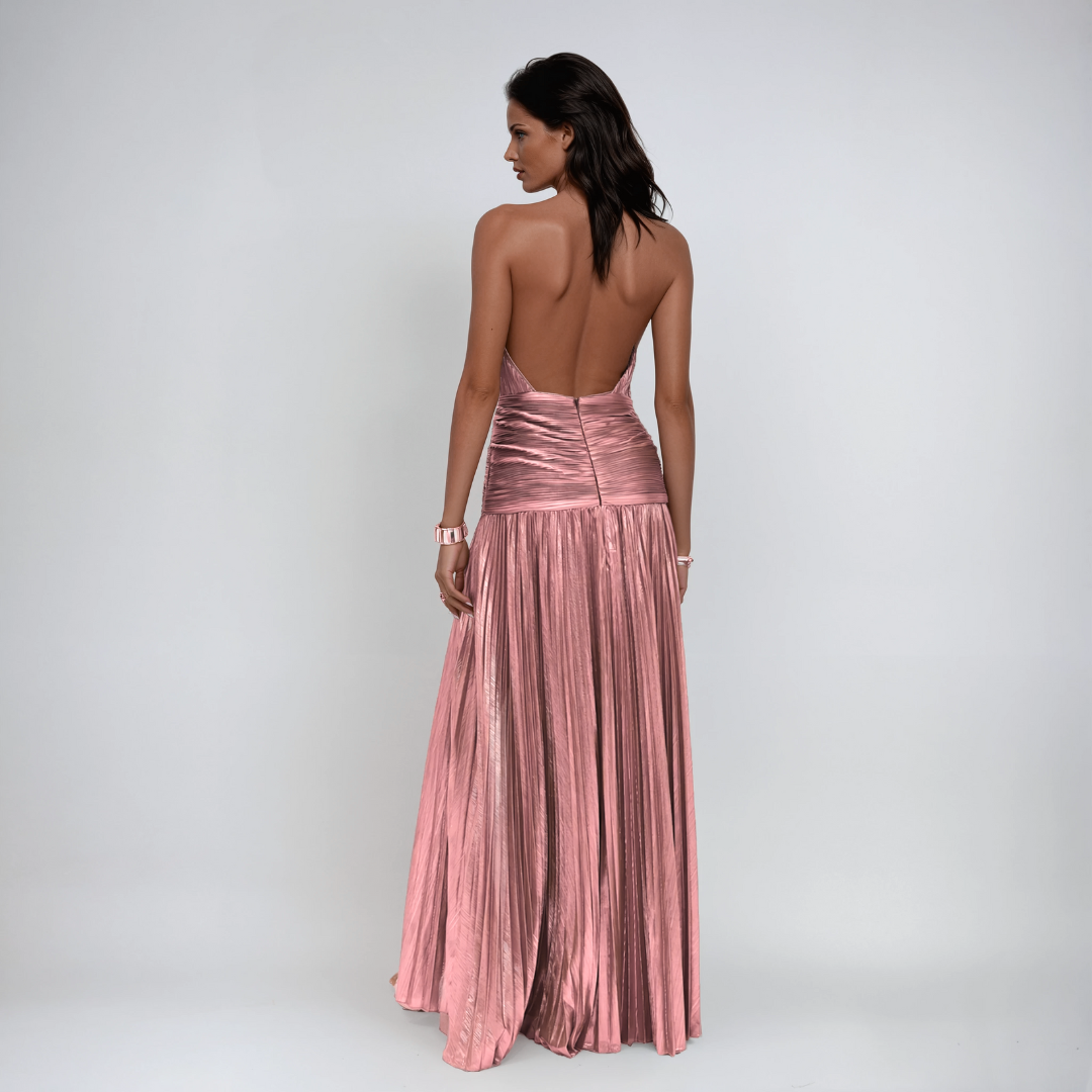Women's Halter Neck Metallic Maxi Dress - Front Slit Evening Glam